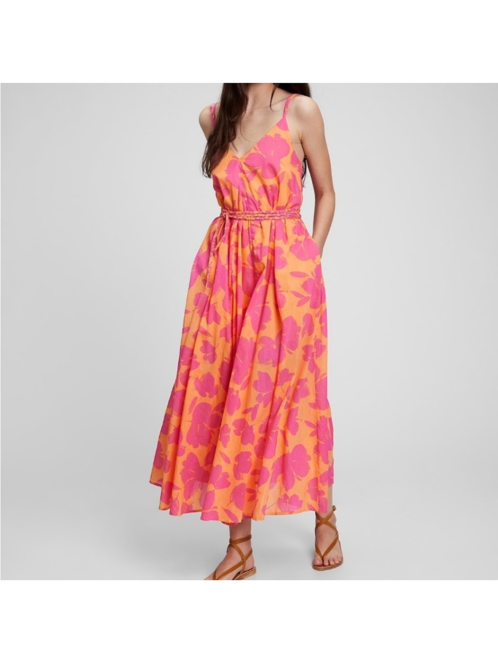 GAP Pink & Orange Floral Maxi Dress – 100% Cotton Size Small tie waist